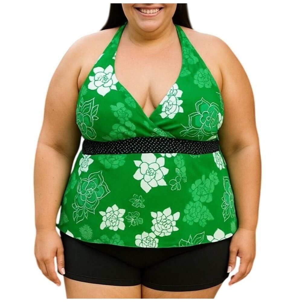 Mossimo Halter Tankini Swim Top Plus Size 26W Green Floral & Polka Dot Accents